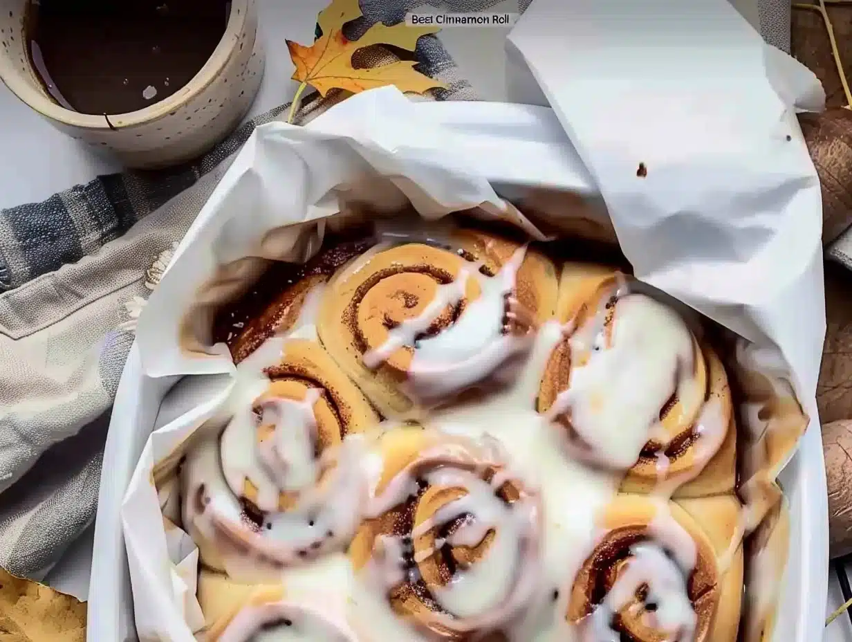 Deliciously soft cinnamon rolls topped with creamy icing on a wooden board