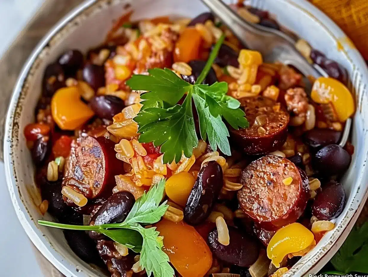 Black Beans and Rice with Sausage 1 Delicious black beans and rice with sausage served in a bowl.