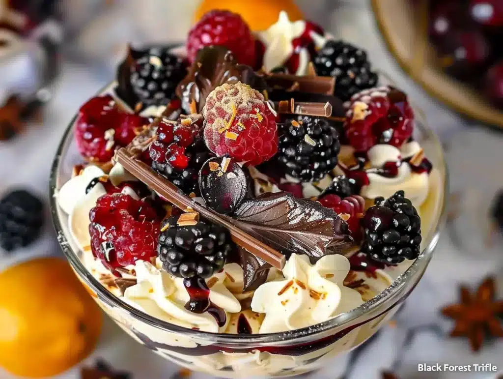 Delicious Black Forest Trifle with layers of chocolate, cherries, and whipped cream