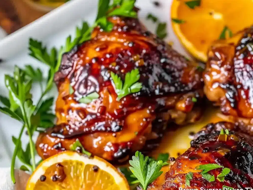 Brown Sugar Dijon Chicken Thighs served on a plate