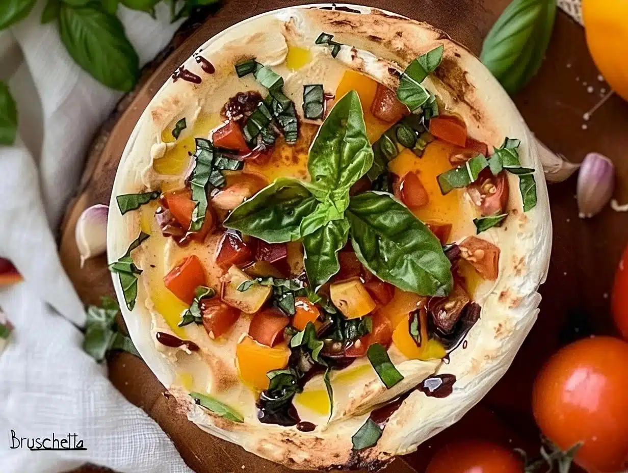 Delicious Bruschetta Dip served with crispy bread on a wooden table.