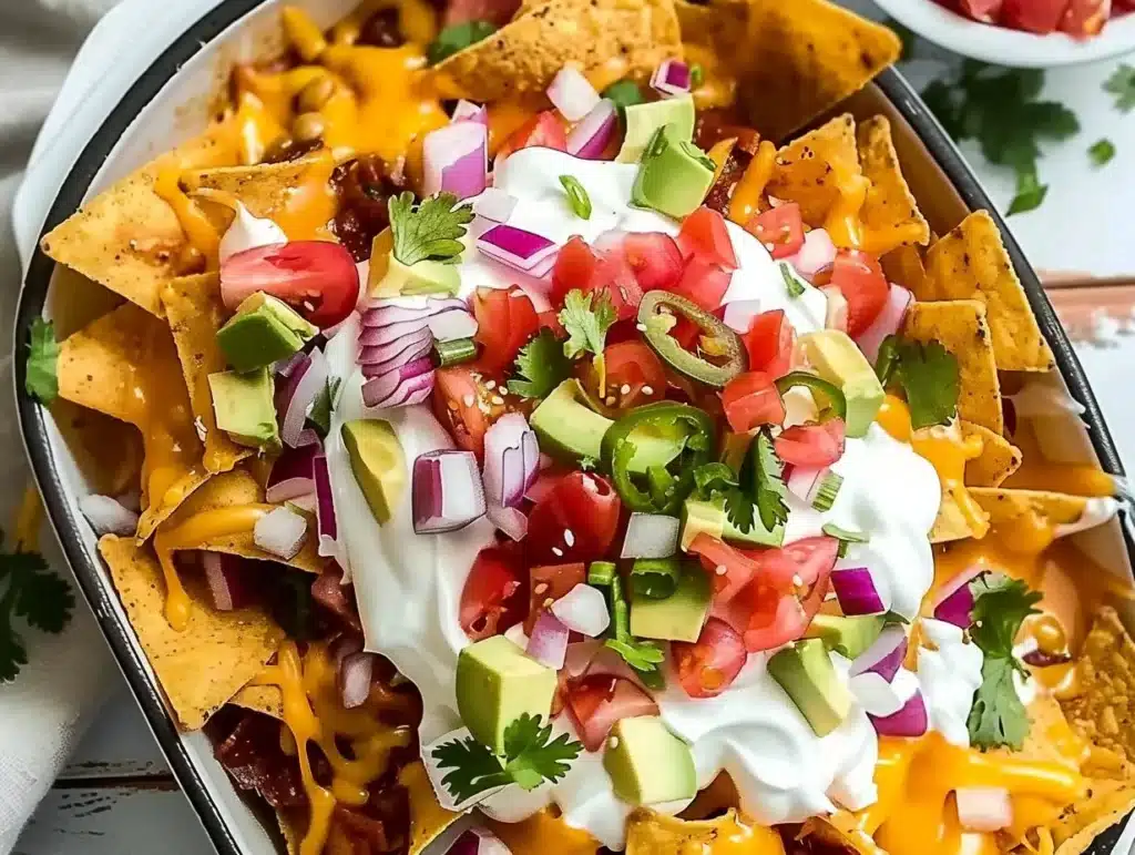 Delicious Bundt Pan Nachos served with toppings in a bundt pan
