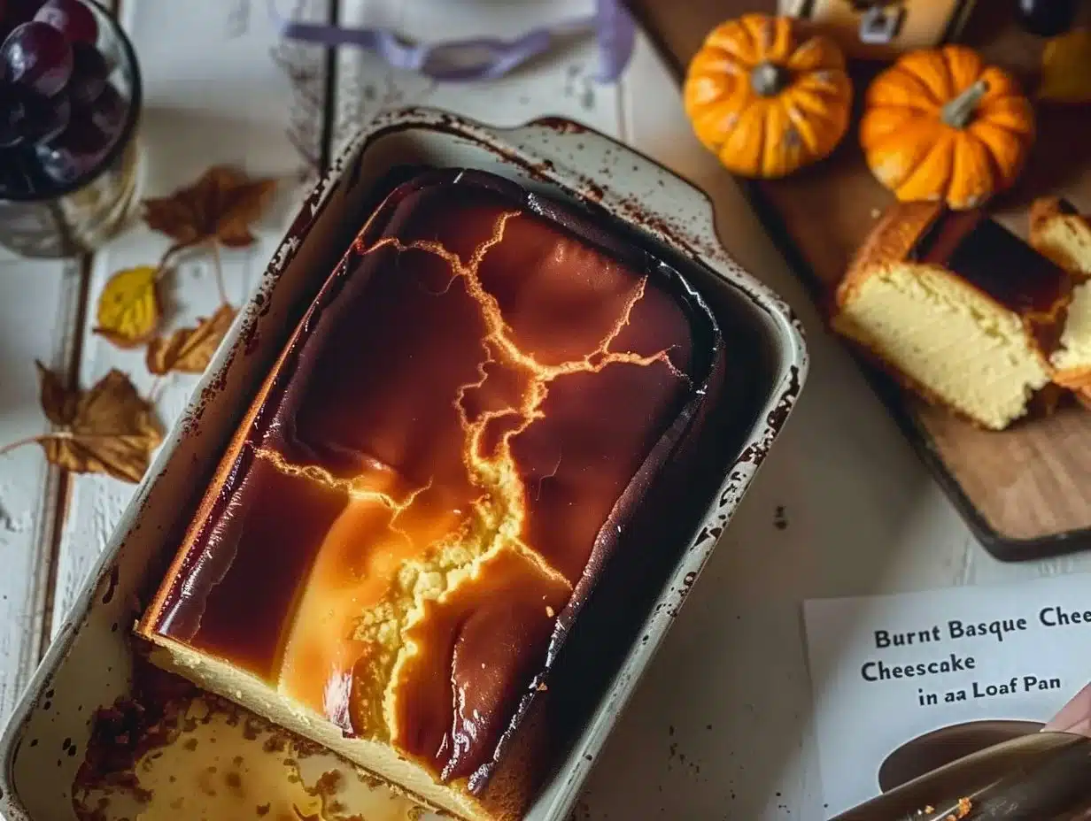 Burnt Basque Cheesecake baked in a loaf pan, golden brown exterior
