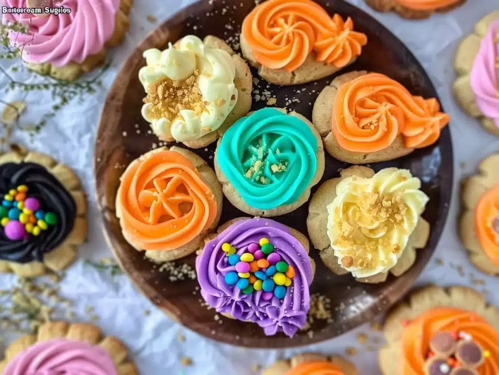 Decorated buttercream sugar cookies on a plate, rainbow sprinkles on top.