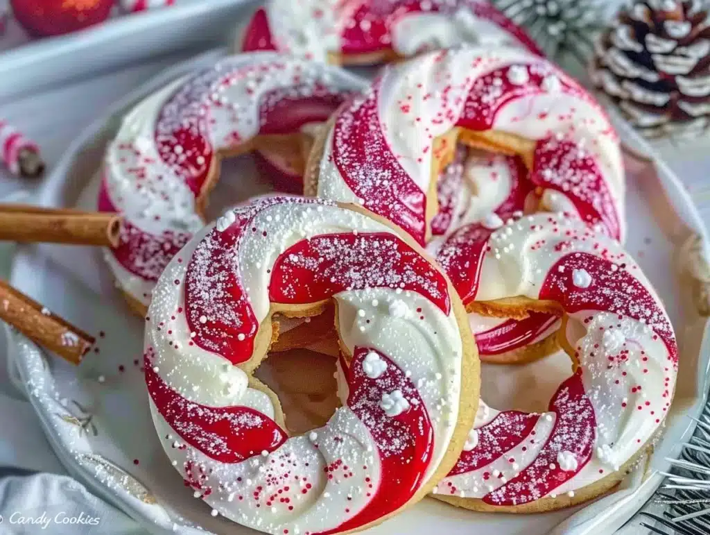 Delicious candy cane cookies decorated with festive peppermint swirls