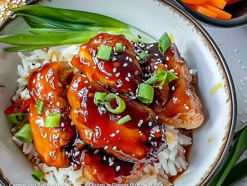 Caramelized soy chicken served in garlic ginger broth with rice