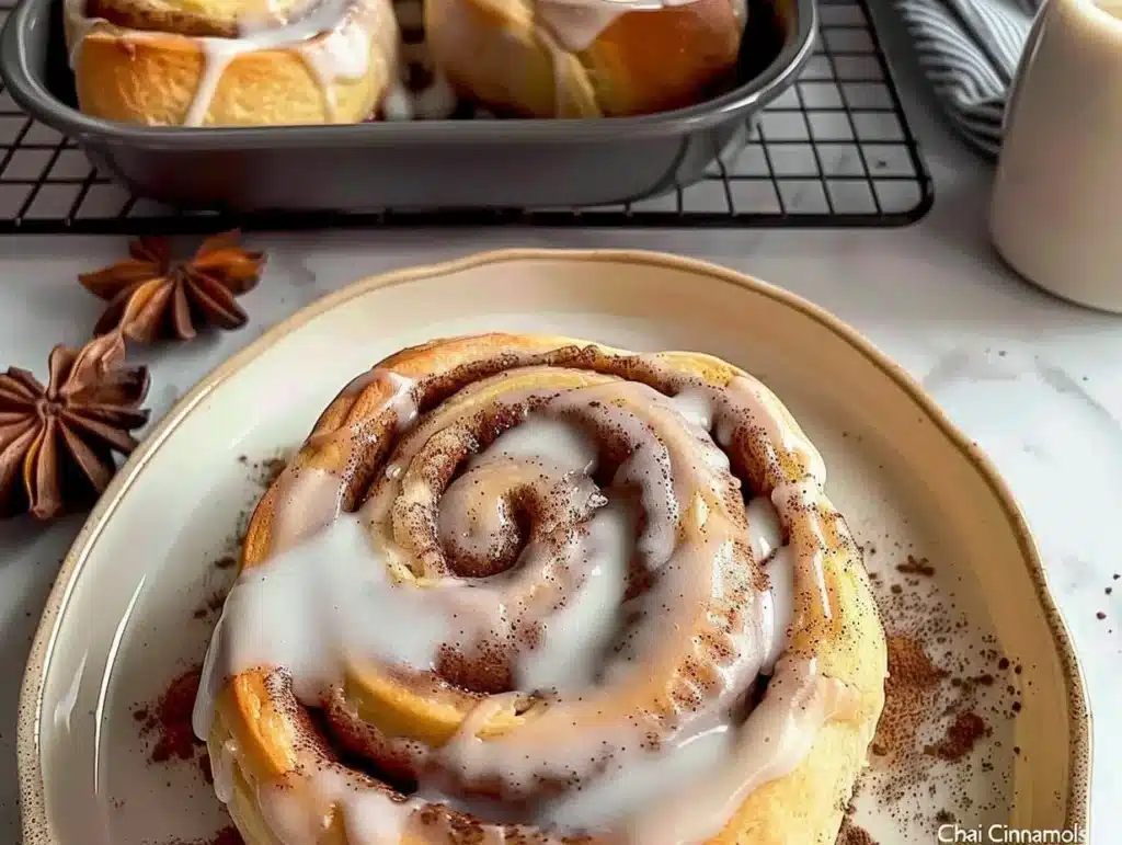 Freshly baked chai cinnamon rolls topped with icing and spices