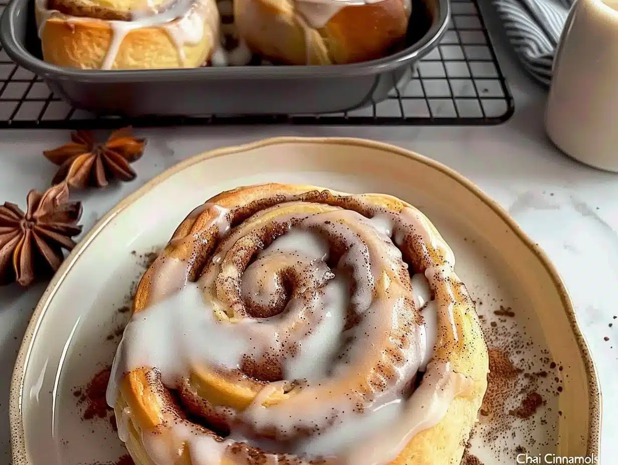 Freshly baked chai cinnamon rolls topped with icing and spices