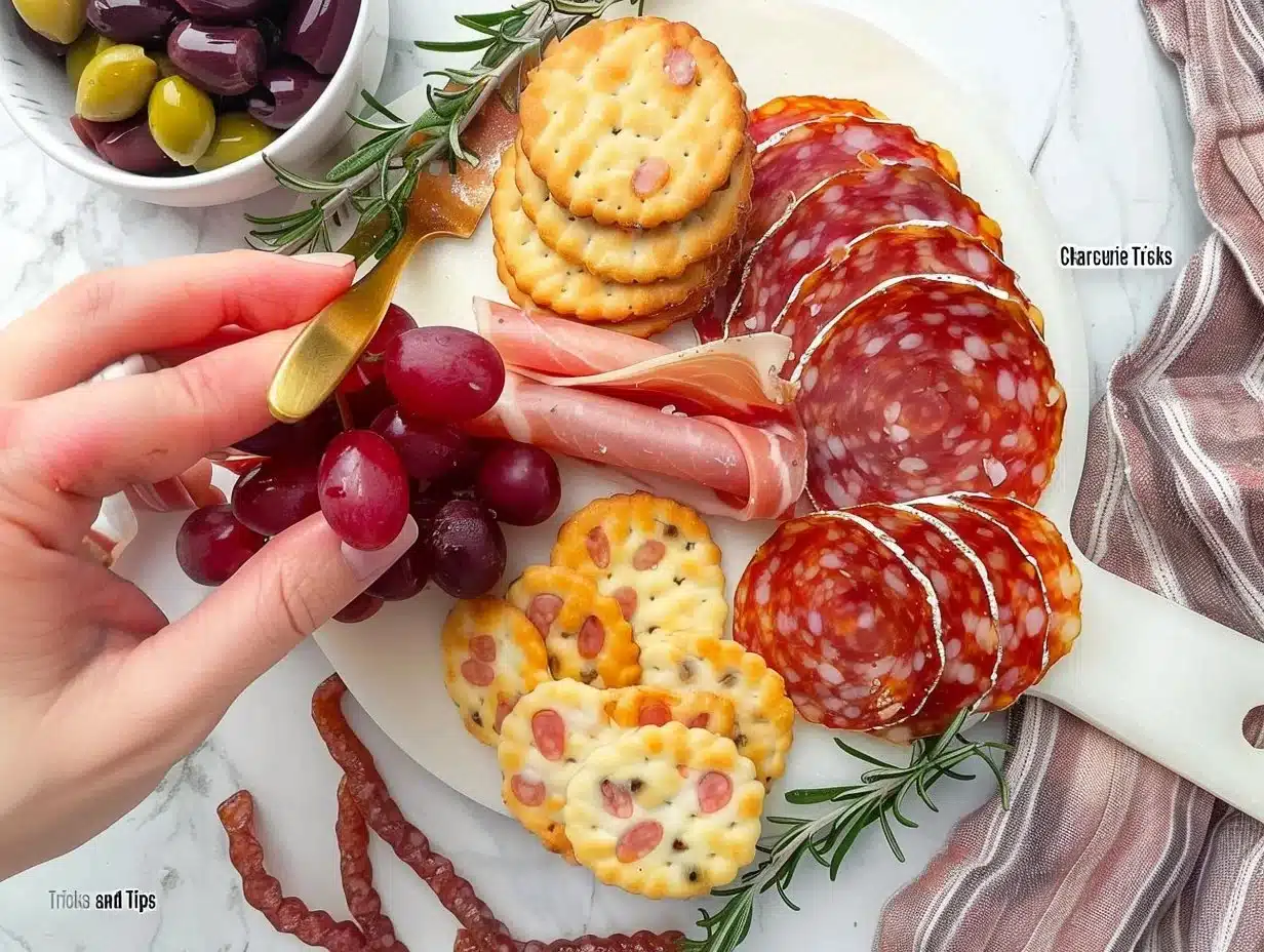 A beautifully arranged charcuterie board with meats, cheeses, and fruits.