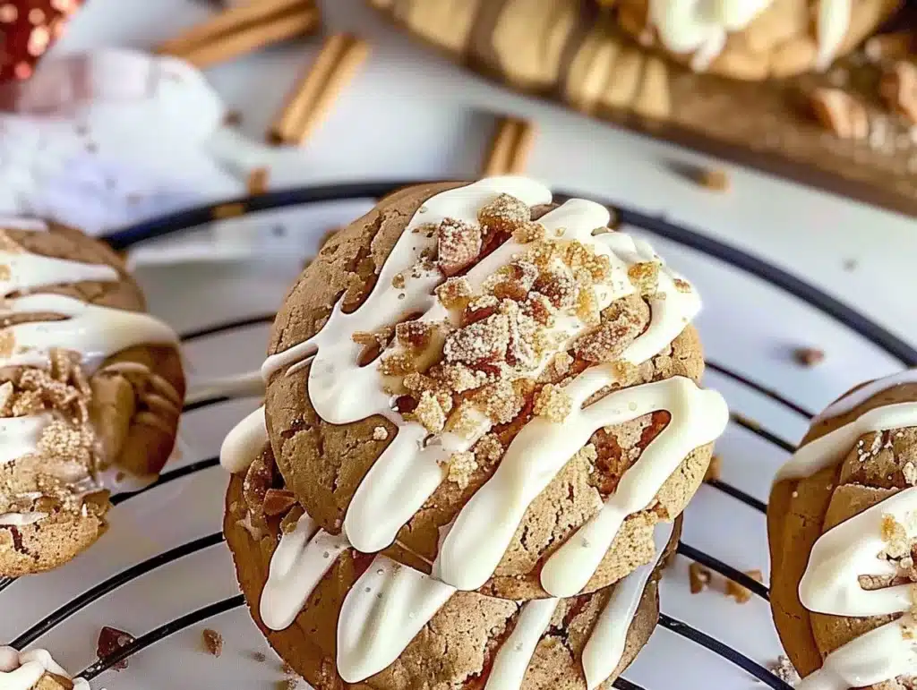 Chewy maple cinnamon cookies with white chocolate chips on a plate