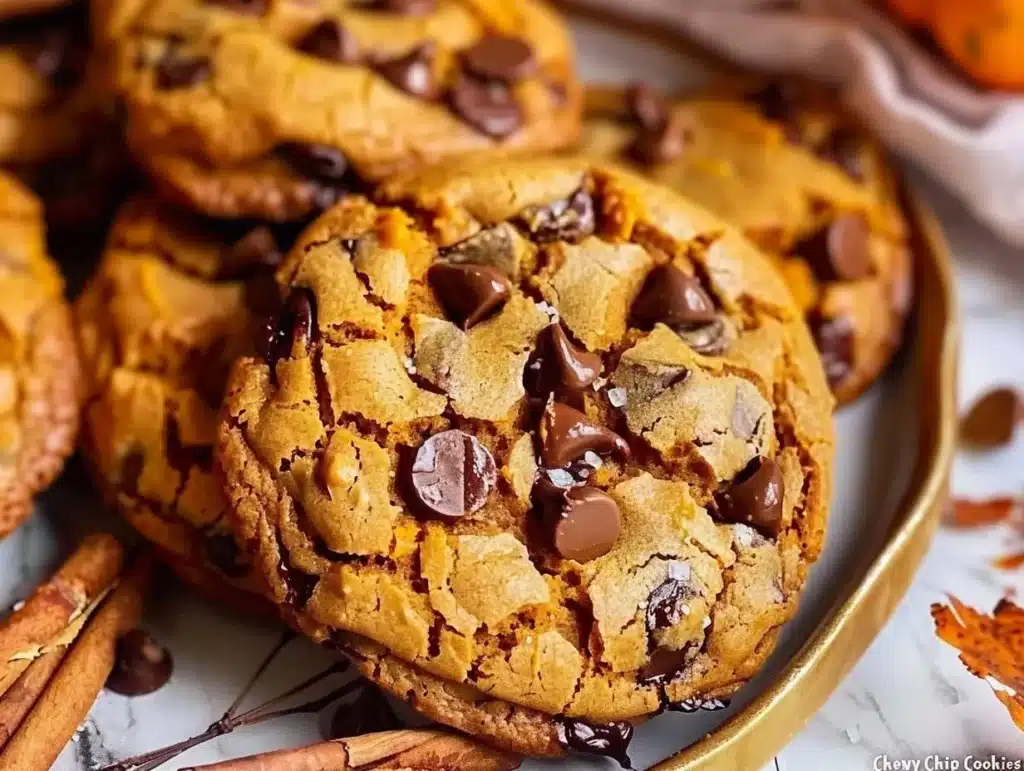 Chewy pumpkin chocolate chip cookies fresh out of the oven