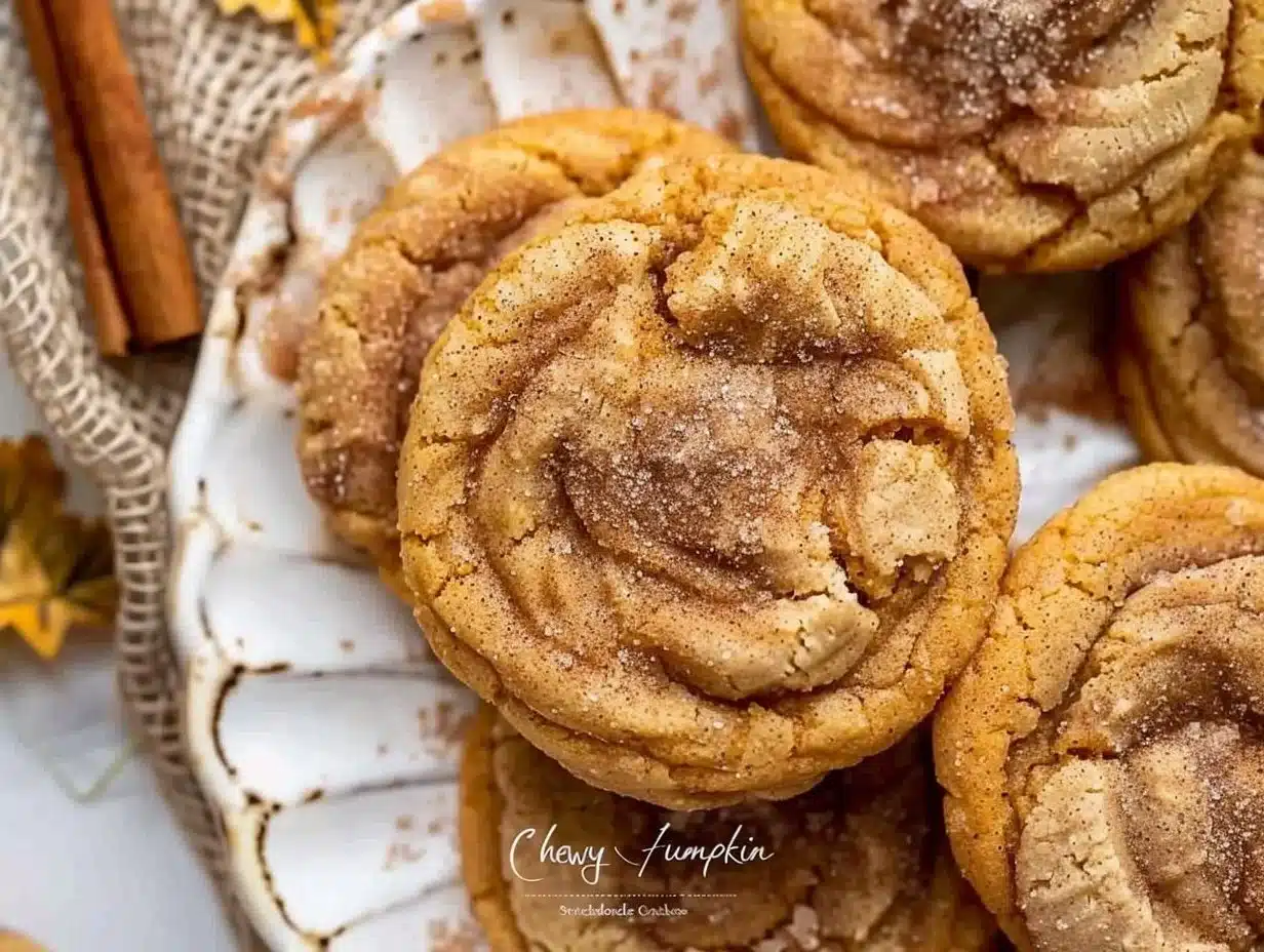 Chewy Pumpkin Snickerdoodle Cookies on a baking tray with cinnamon sticks