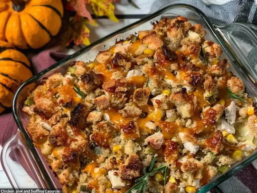 Delicious chicken and stuffing casserole served in a baking dish