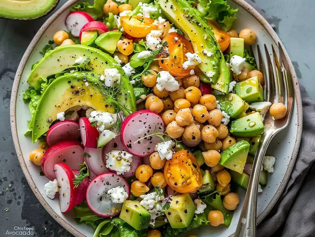 Chickpea Feta Avocado Salad in a bowl with fresh ingredients