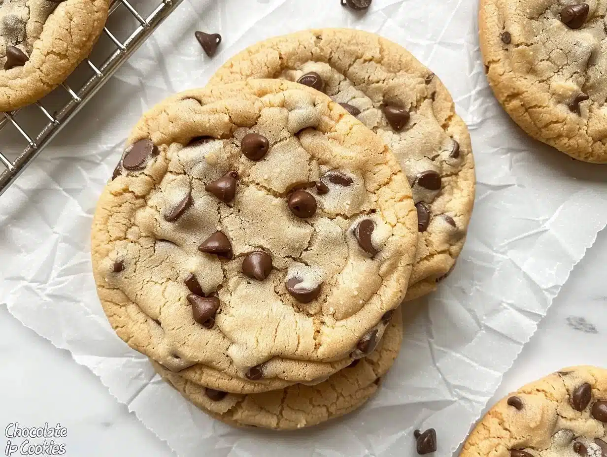 Freshly baked chocolate chip cookies with gooey chocolate chips