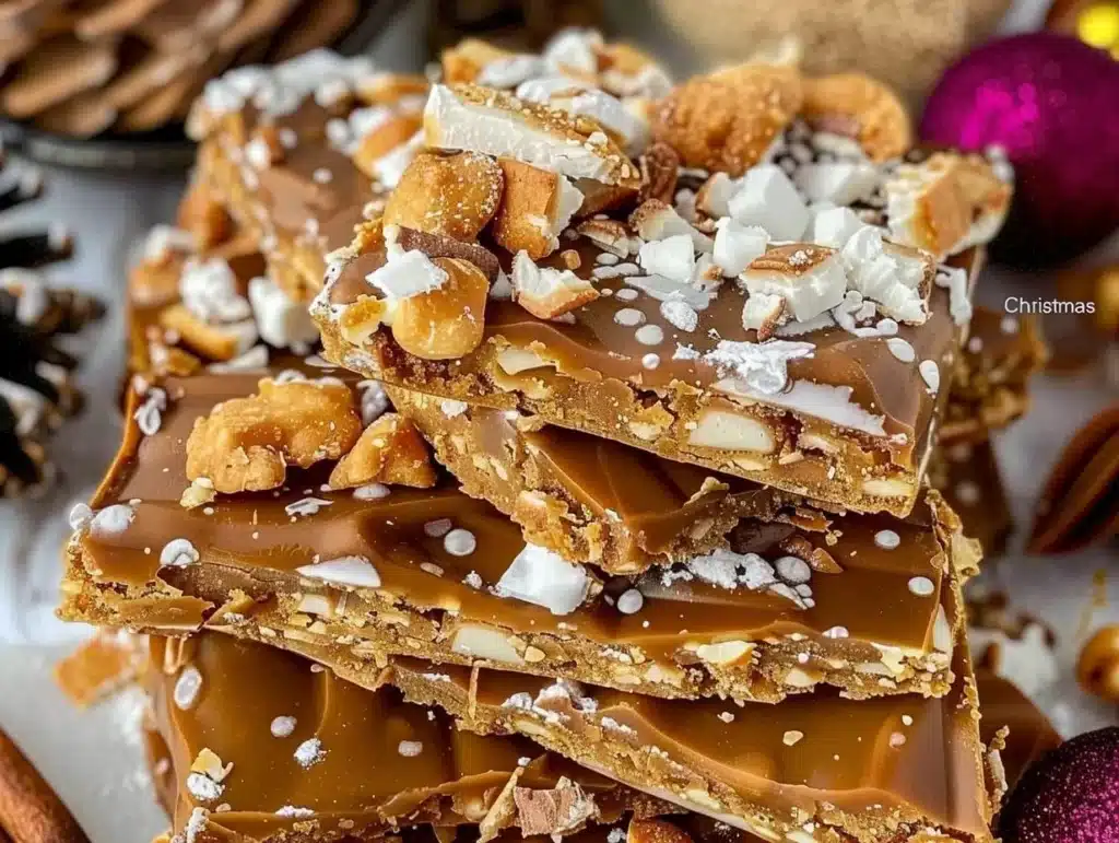 Delicious Christmas Crack with chocolate and toffee layers on a festive platter