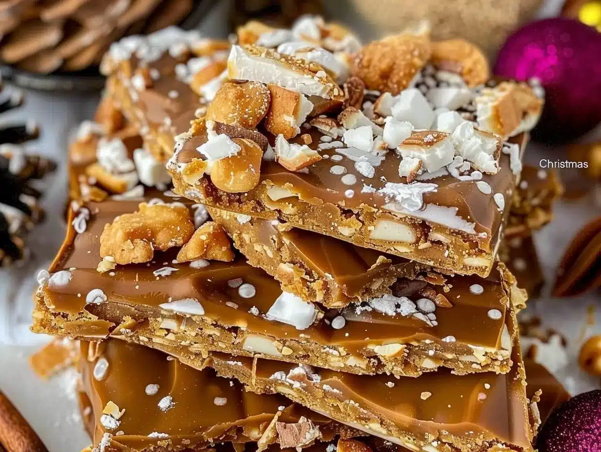 Delicious Christmas Crack with chocolate and toffee layers on a festive platter