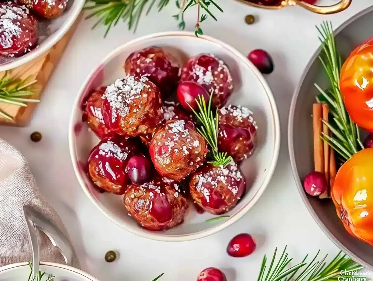 Christmas Cranberry Meatballs 1 Delicious Christmas cranberry meatballs served on a festive platter