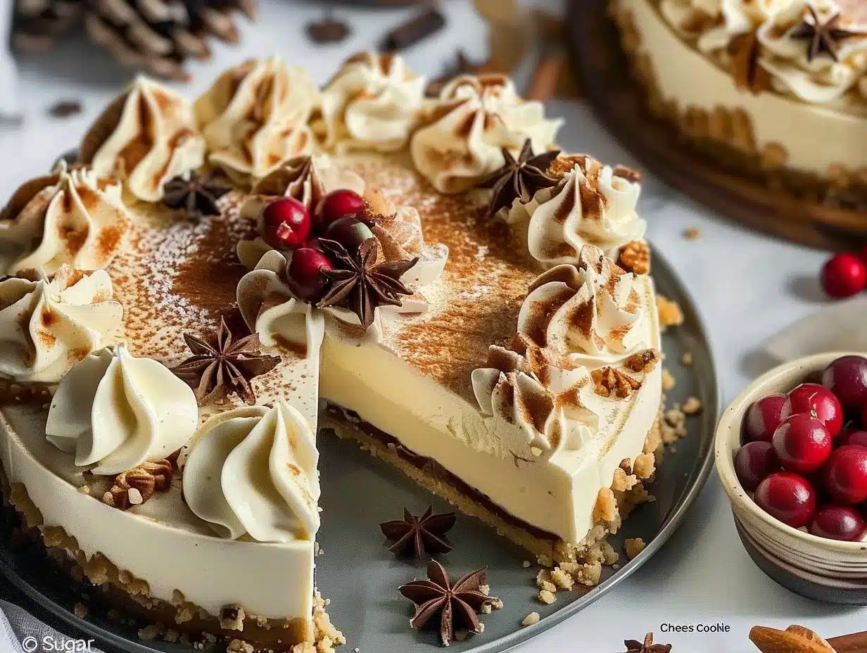 Christmas Sugar Cookie Cheesecake 1 Delicious Christmas sugar cookie cheesecake with festive decorations
