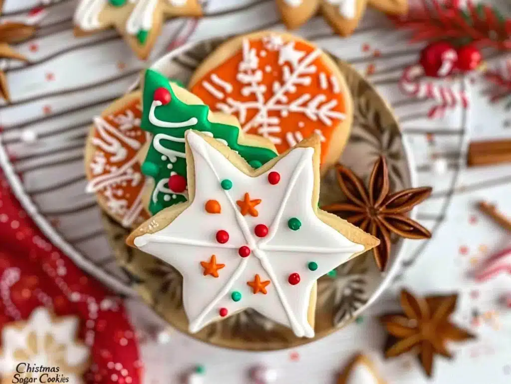 A festive plate of beautifully decorated Christmas sugar cookies.
