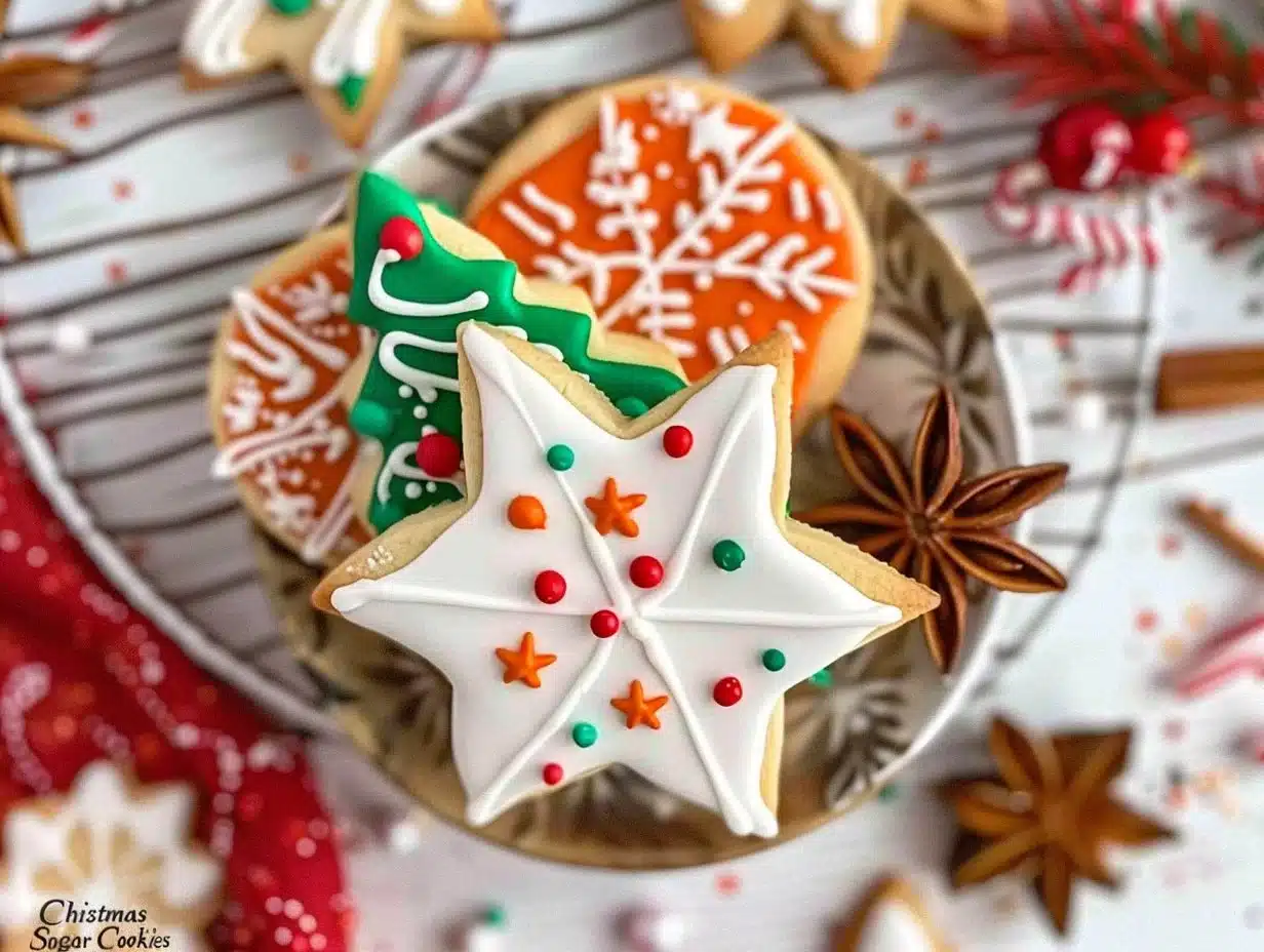 A festive plate of beautifully decorated Christmas sugar cookies.