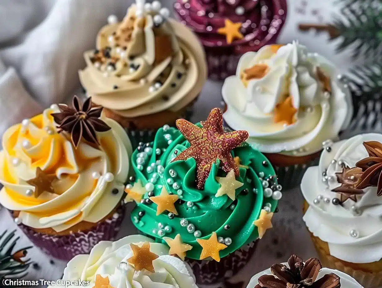 Festive Christmas tree cupcakes decorated with green frosting and sprinkles.