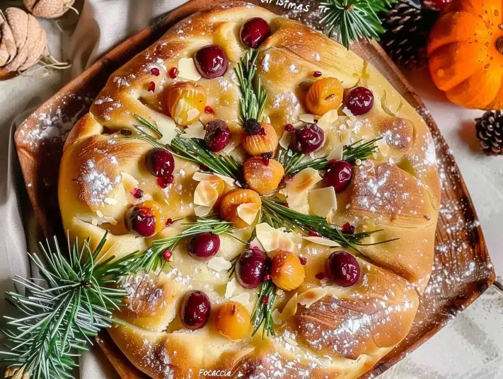 Beautifully baked Christmas tree focaccia decorated with toppings.