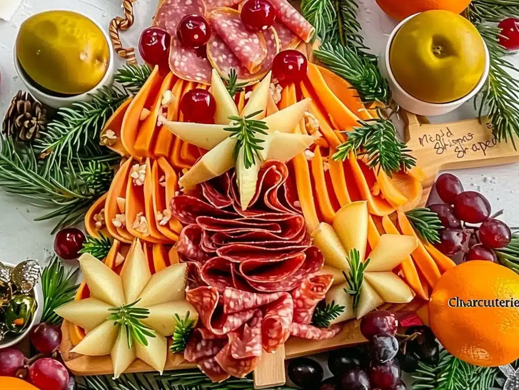 Christmas Tree Shaped Charcuterie Board filled with festive treats and cheeses