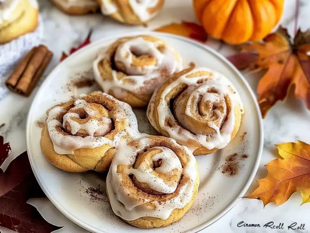 Delicious cinnamon roll cookies with icing on a plate