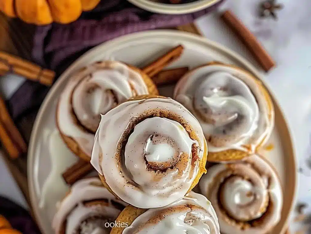 Freshly baked Cinnamon Roll Cookies with icing drizzled on top