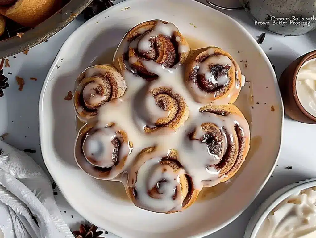 Freshly baked cinnamon rolls drizzled with brown butter frosting.