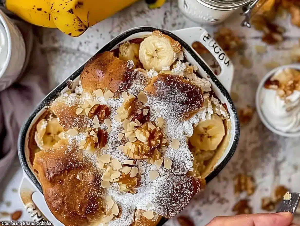 Comforting Banana Bread Cobbler served in a bowl, topped with fresh banana slices.