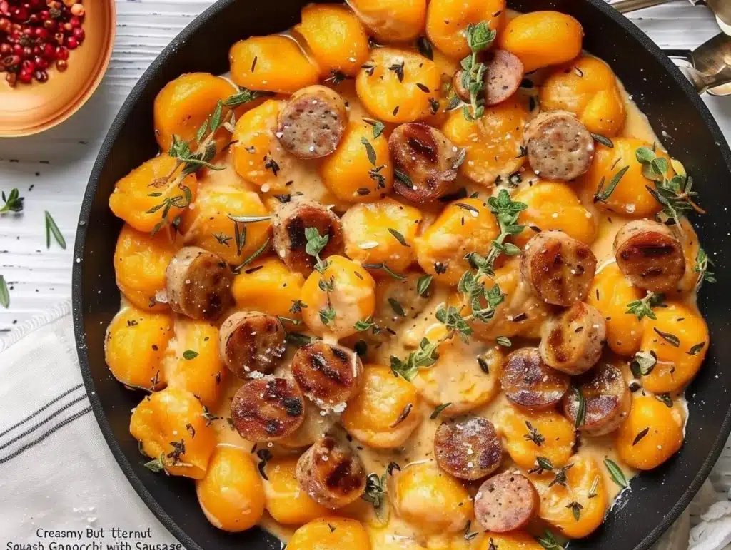 Creamy butternut squash gnocchi with sausage on a plate