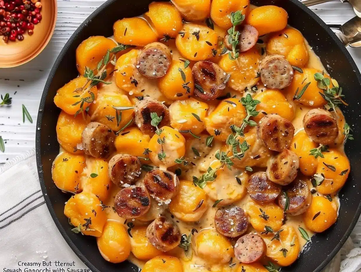 Creamy butternut squash gnocchi with sausage on a plate