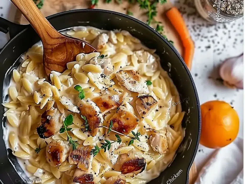 Creamy orzo dish with chicken garnished with herbs and spices