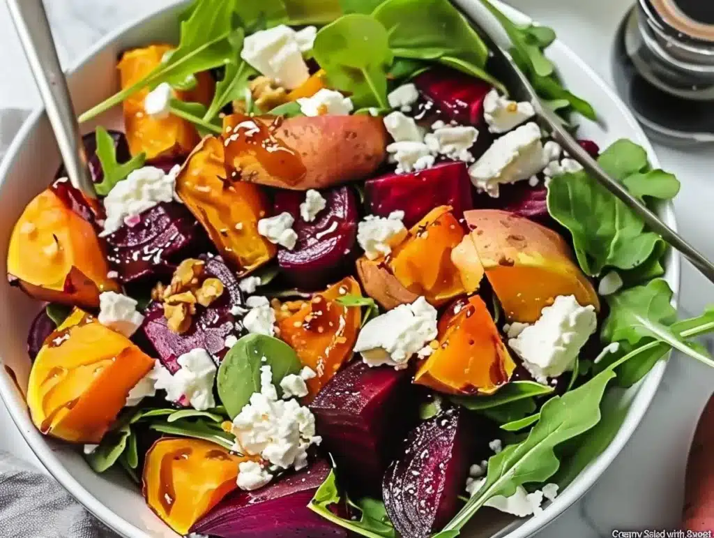 Creamy roasted beet salad with sweet potato and feta cheese.