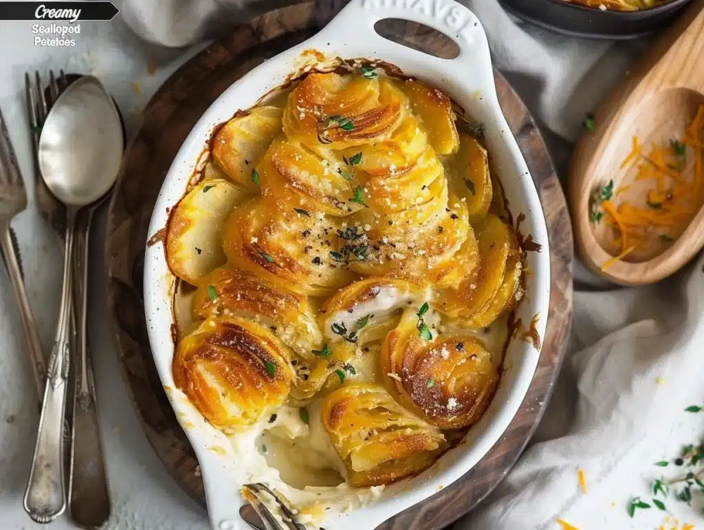Creamy scalloped potatoes freshly baked in a casserole dish