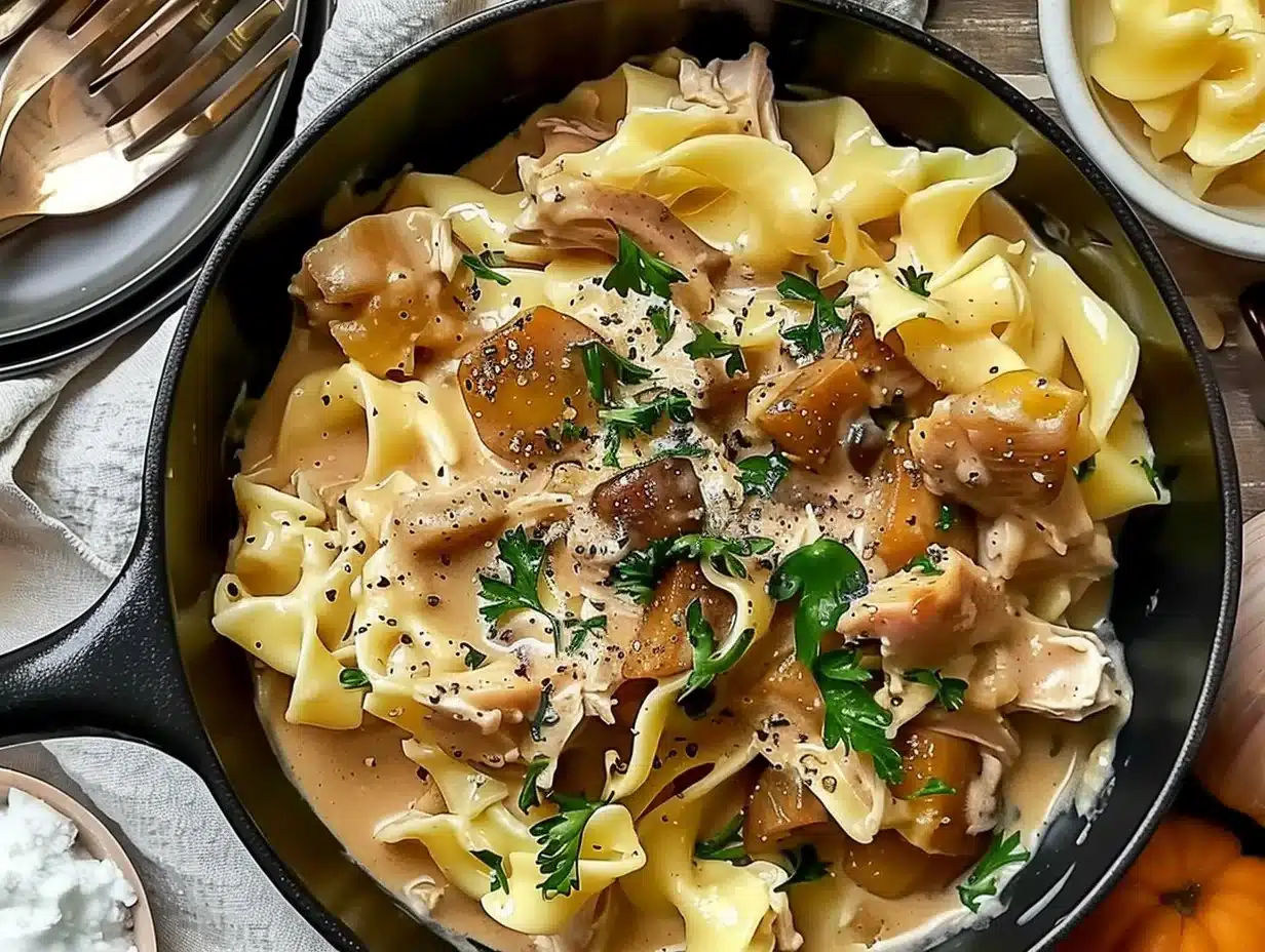 Creamy Turkey Stroganoff 1 Delicious creamy turkey stroganoff served in a bowl with herbs