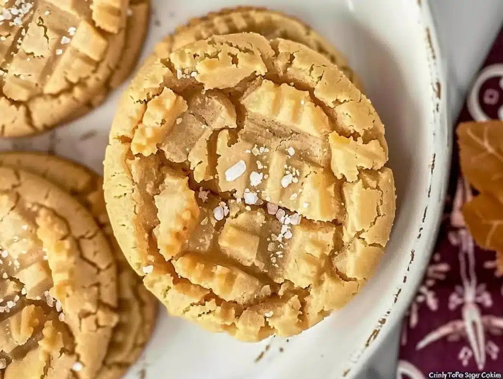 Delicious crinkly crackly butter toffee sugar cookies on a plate