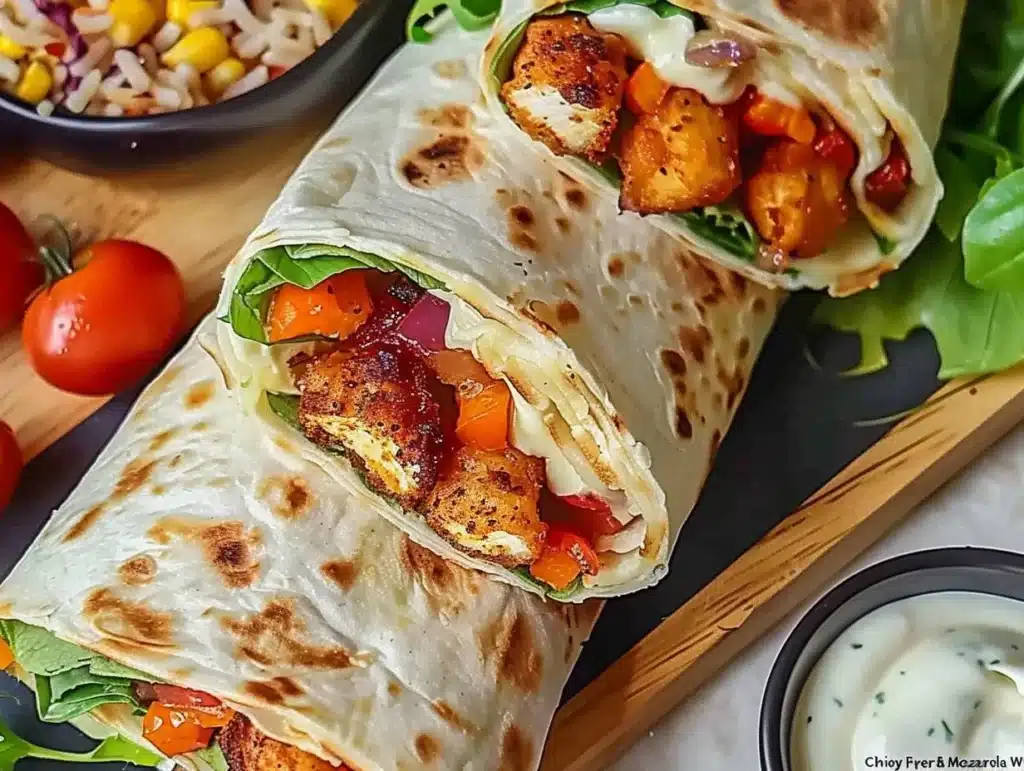 Crispy air fryer chicken and mozzarella wraps on a plate