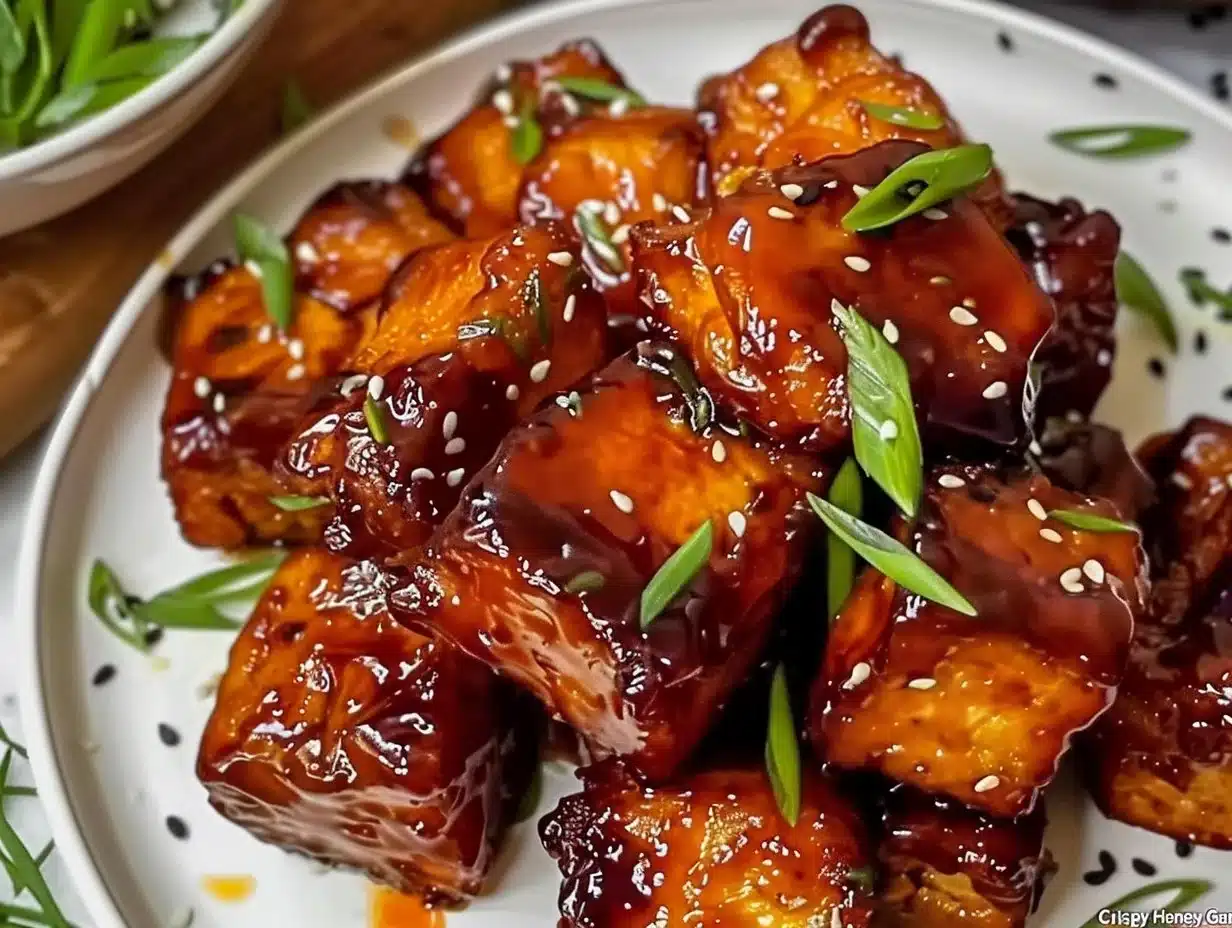 Crispy honey garlic tofu served with vegetables on a plate