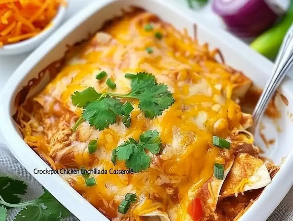 Crockpot Chicken Enchilada Casserole served hot with toppings.