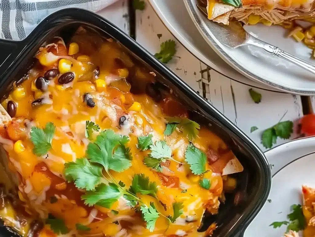 Crockpot chicken enchiladas casserole topped with cheese and served on a plate