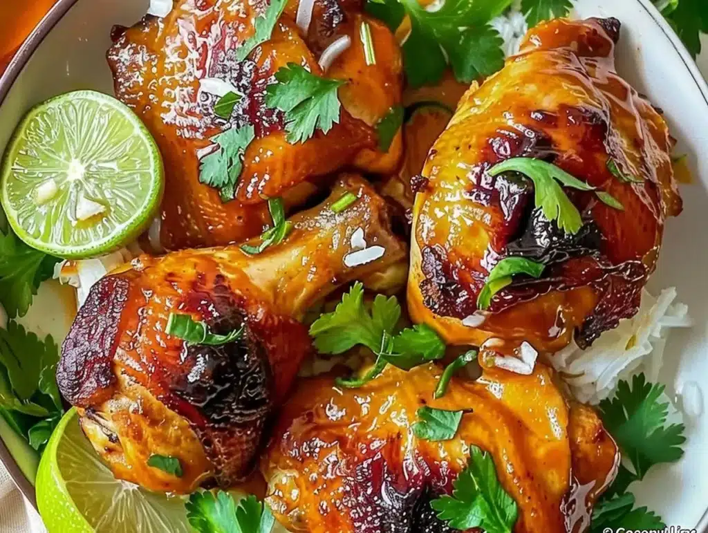 Crockpot Coconut Lime Chicken dish served with lime slices and herbs.