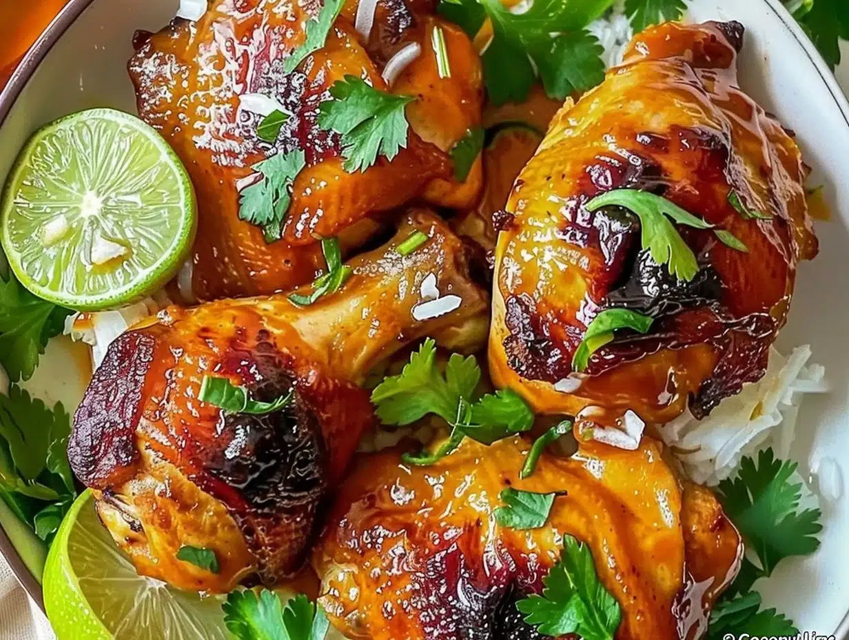 Crockpot Coconut Lime Chicken dish served with lime slices and herbs.