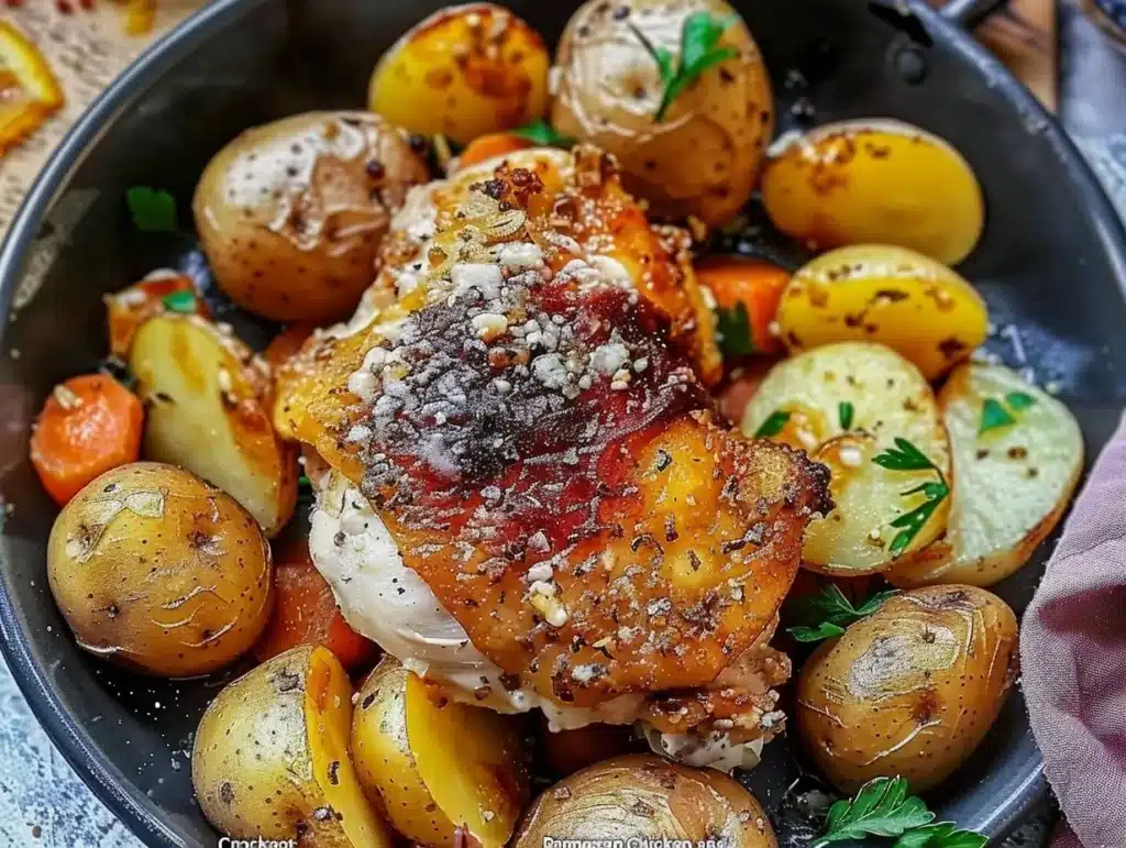 Delicious Crockpot Garlic Parmesan Chicken served with potatoes