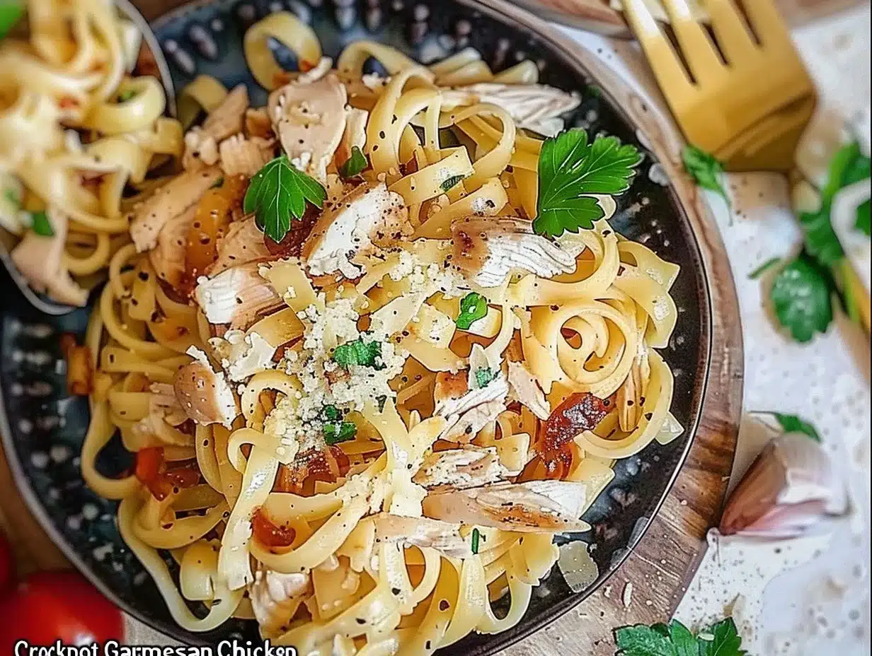 Crockpot Garlic Parmesan Chicken Pasta served in a bowl with Parmesan cheese