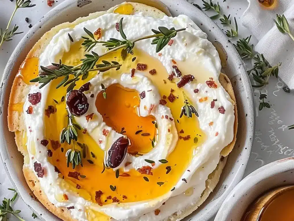 Delicious ricotta dip served with hot honey and garnished with herbs