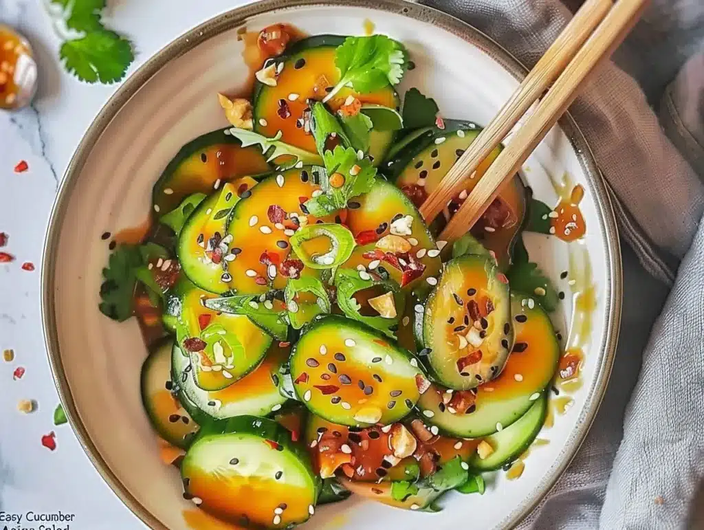 Bowl of easy Asian cucumber salad garnished with sesame seeds and herbs