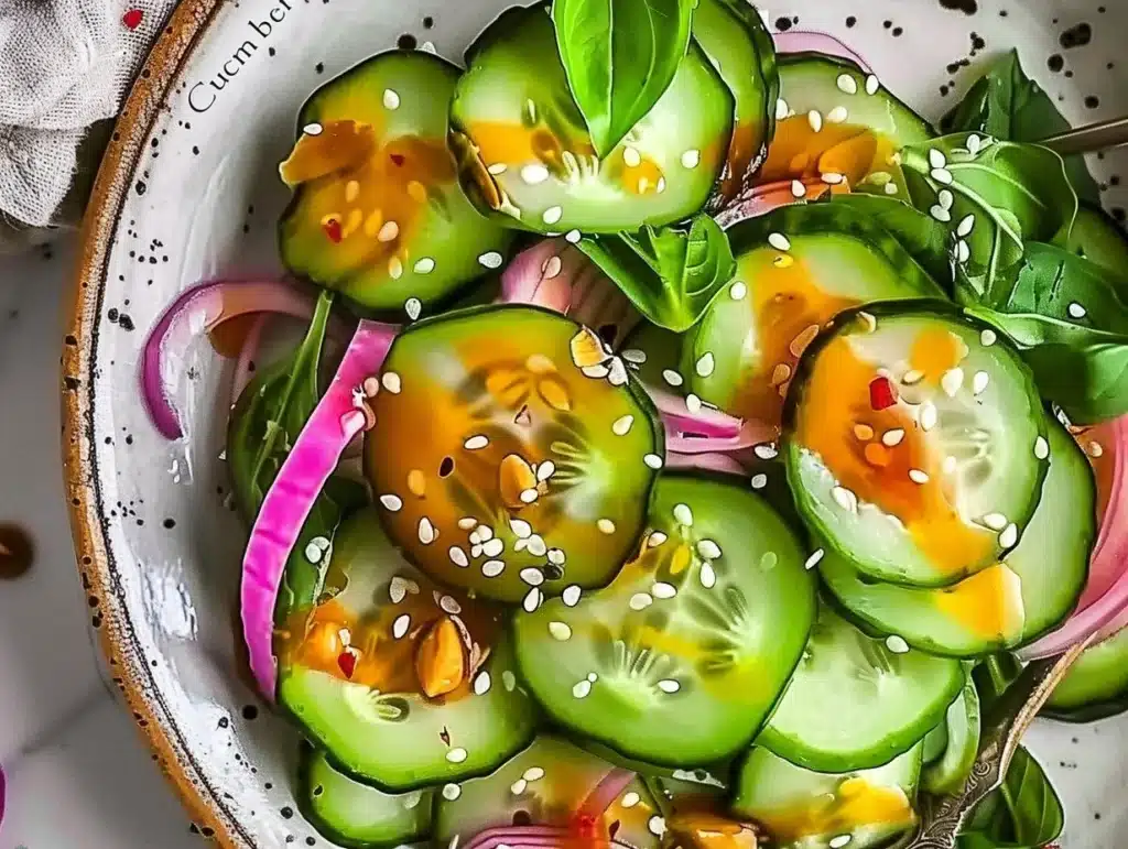 Bowl of easy Asian cucumber salad with vibrant vegetables and dressing